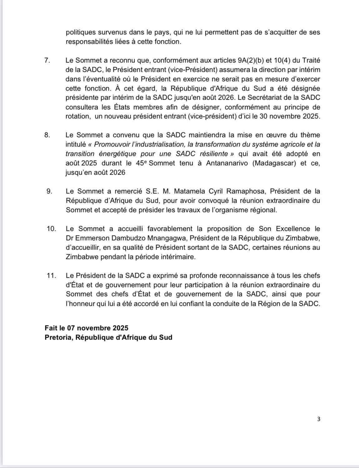 COMMUNIQUE DE LA REUNION EXTRAORDINAIRE SOMMET DES CHEFS D'ETAT ET DE GOUVERNEMENT DE LA SADC