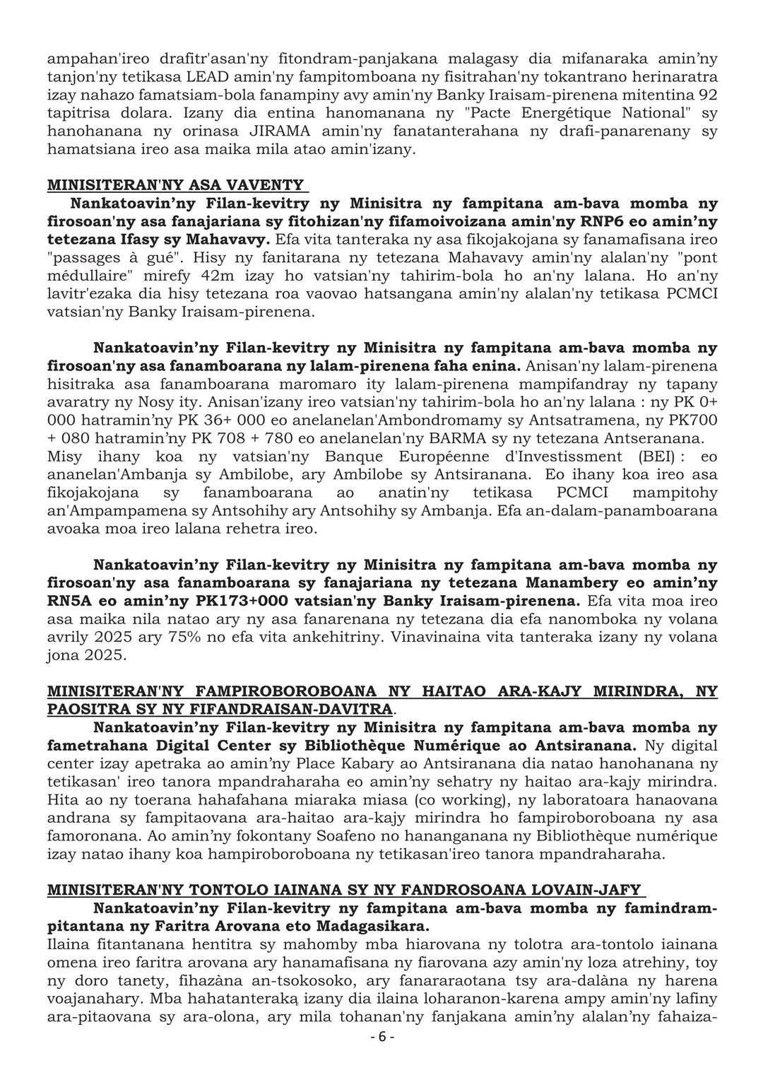 FILAN-KEVITRY NY MINISITRA ALAKAMISY 22 MAY 2025 - BANKY FOIBE NOSY BE