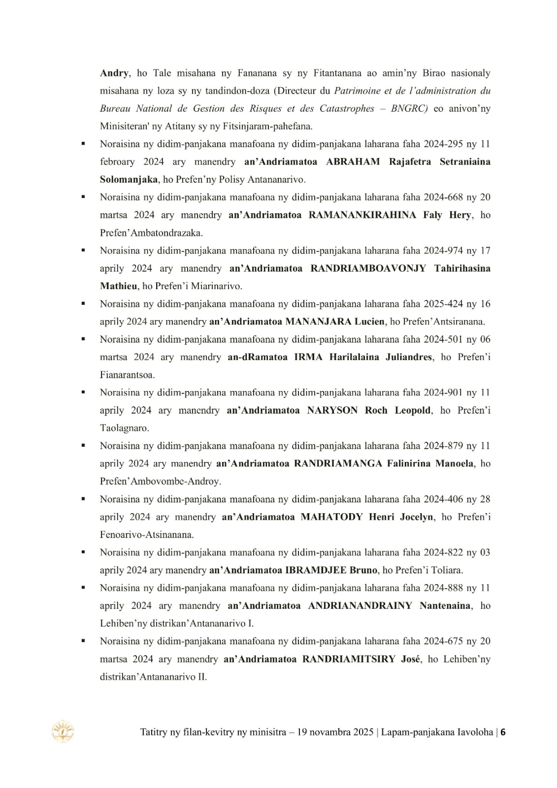 TATITRY NY FILANKEVITRY NY MINISTRA NATAO TAO AMIN'NY LAPAM-PANJAKANA IAVOLOHA NY 19 NOVAMBRA 2025