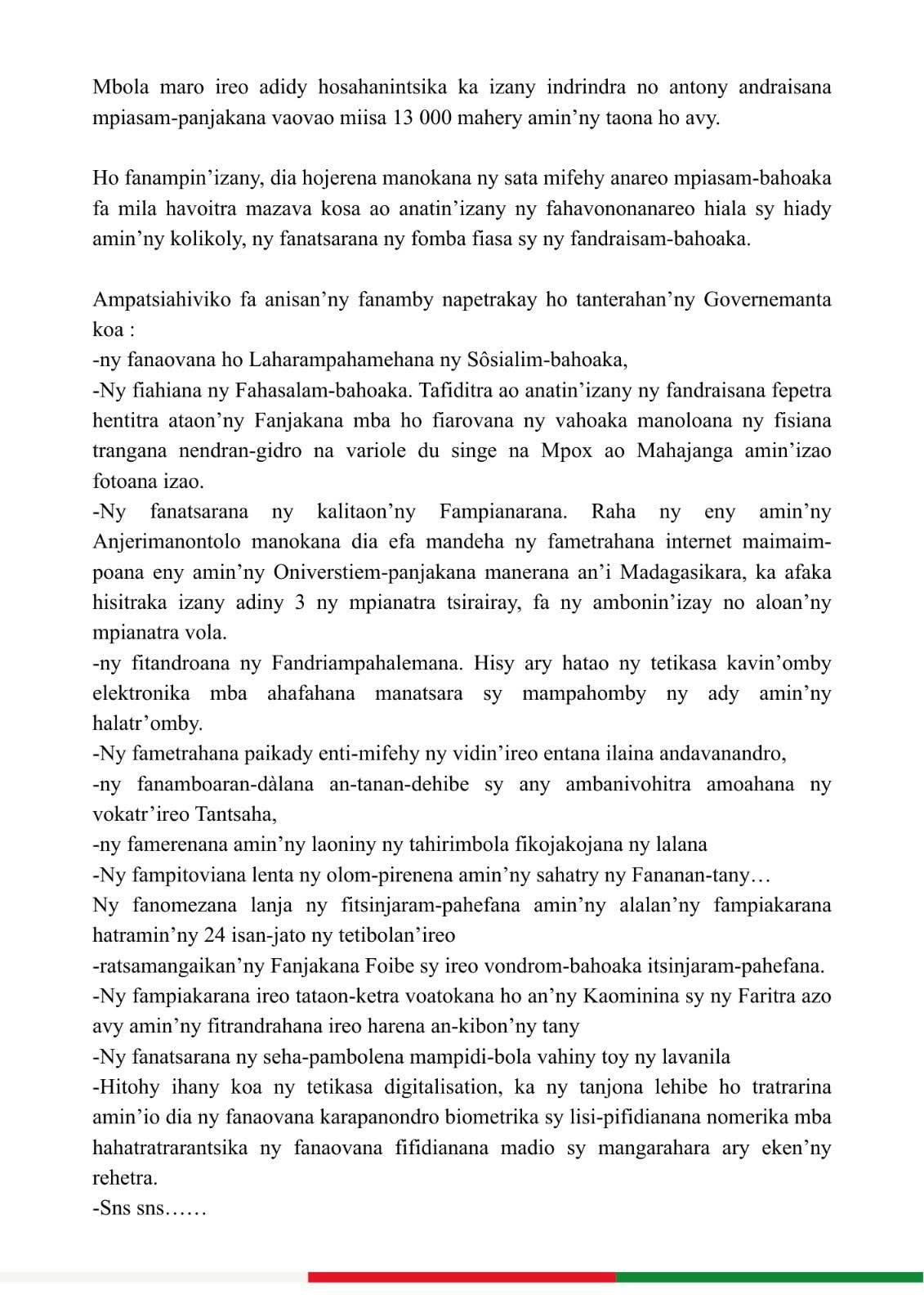 LAHATENIN'NY FILOHAN'NY FANAVAOZANA NY REPOBLIKAN’I MADAGASIKARA NY 31 Desambra 2025.