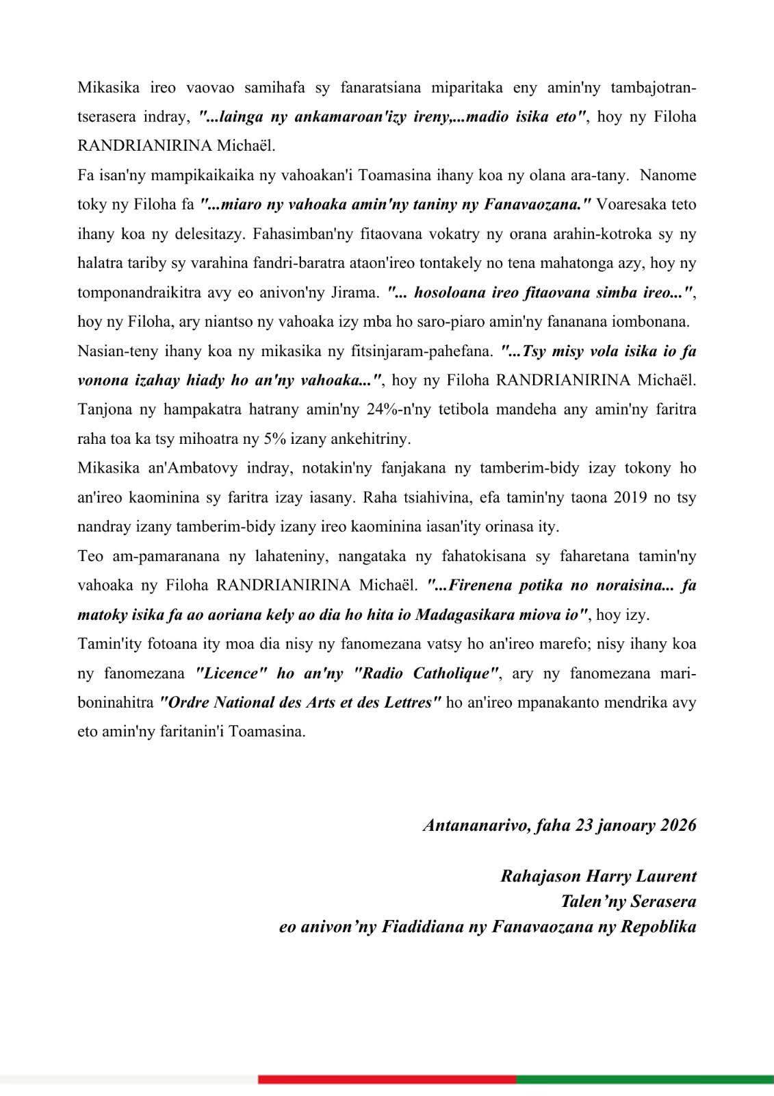NIHAONA MIVANTANA TAMIN’NY VAHOAKAN’I TOAMASINA NY FILOHAN’NY FANAVAOWANA NY REPOBLIKA NIHAINO NY HETAHETAM-BAHOAKA SY NITONDRA VAHAOLANA