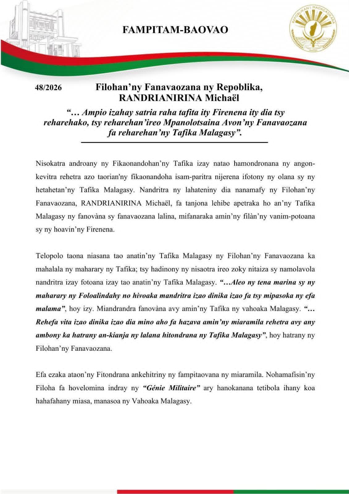 NITARIKA NY FIKAONANDOHAN’NY TAFIKIA NANOMBOKA ANDROANY NY FIHOHAN’NY FANAVAOZANA NY REPOBLIKAN’I MADAGASIKARA NIARAKA TAMIN’IREO MPANOLOTSAINA AVON’NY FANAVAOZANA