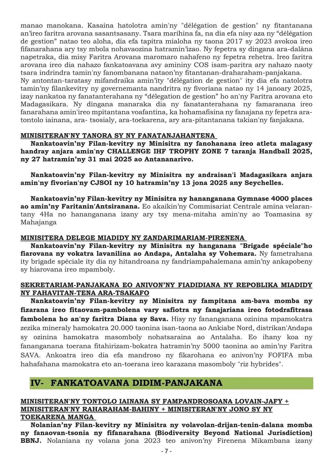 FILAN-KEVITRY NY MINISITRA ALAKAMISY 22 MAY 2025 - BANKY FOIBE NOSY BE