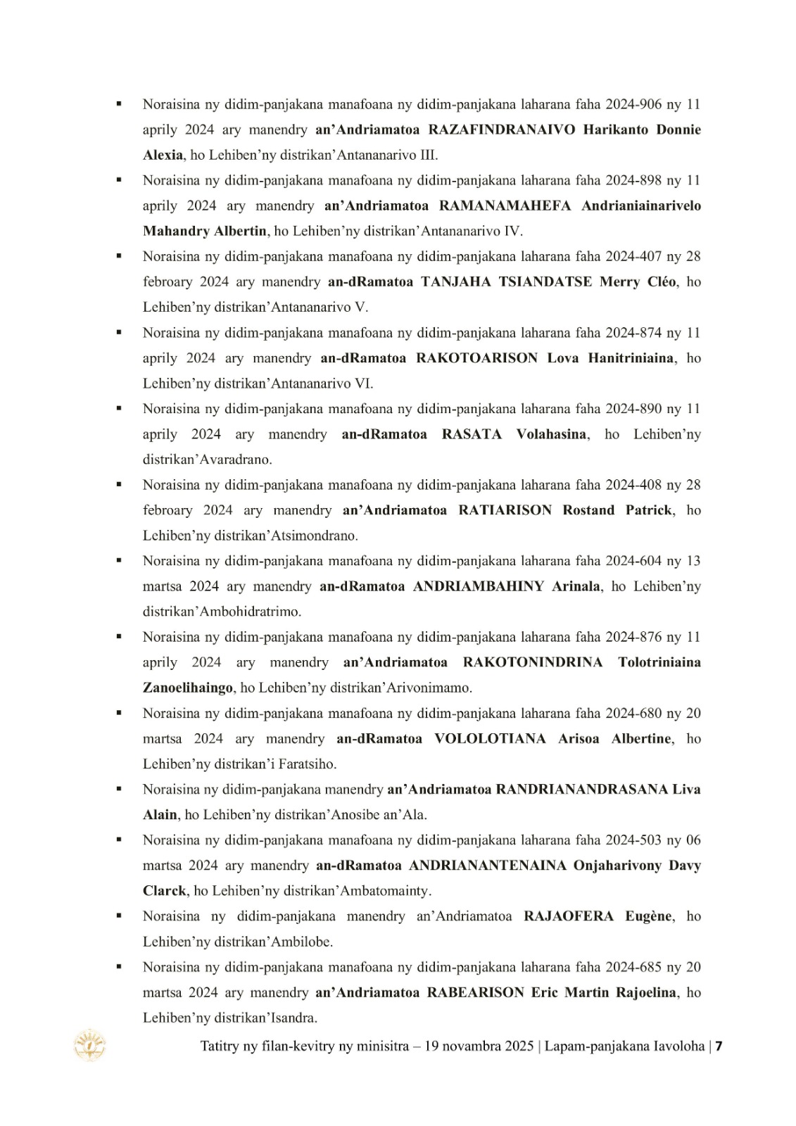 TATITRY NY FILANKEVITRY NY MINISTRA NATAO TAO AMIN'NY LAPAM-PANJAKANA IAVOLOHA NY 19 NOVAMBRA 2025
