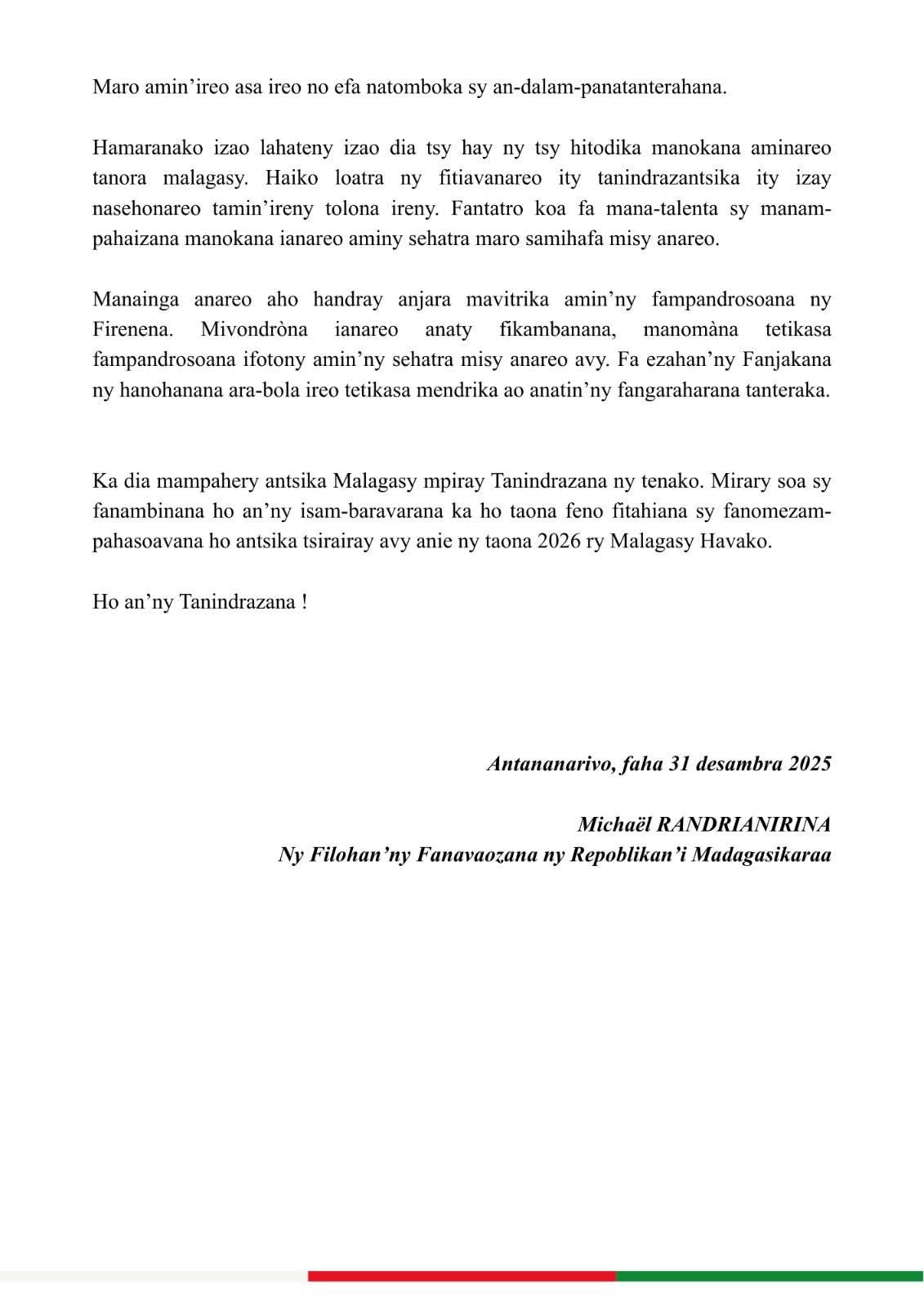 LAHATENIN'NY FILOHAN'NY FANAVAOZANA NY REPOBLIKAN’I MADAGASIKARA NY 31 Desambra 2025.