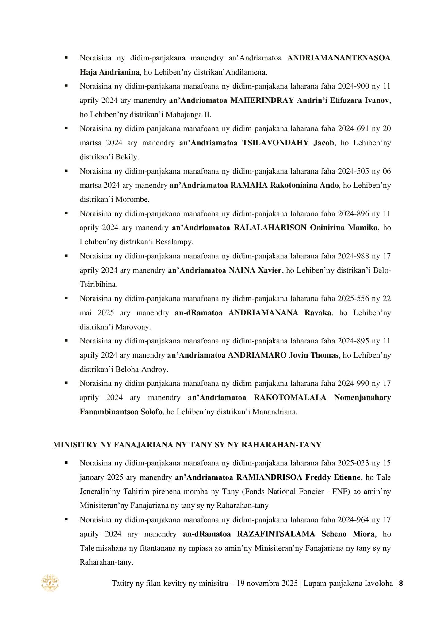 TATITRY NY FILANKEVITRY NY MINISTRA NATAO TAO AMIN'NY LAPAM-PANJAKANA IAVOLOHA NY 19 NOVAMBRA 2025