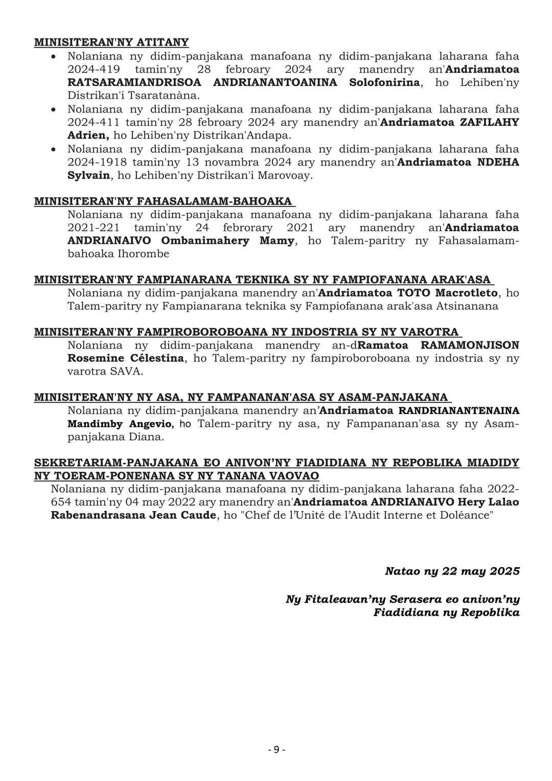 FILAN-KEVITRY NY MINISITRA ALAKAMISY 22 MAY 2025 - BANKY FOIBE NOSY BE