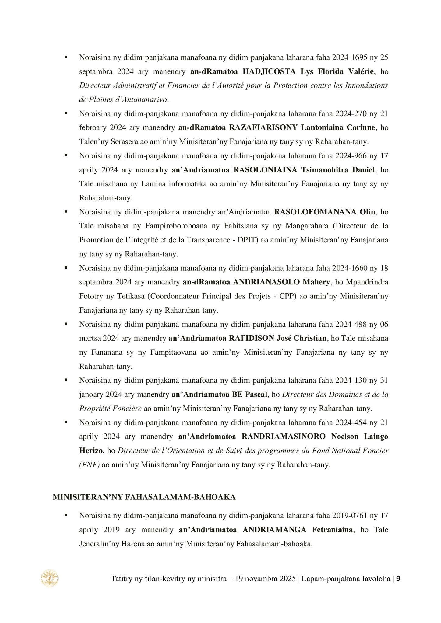 TATITRY NY FILANKEVITRY NY MINISTRA NATAO TAO AMIN'NY LAPAM-PANJAKANA IAVOLOHA NY 19 NOVAMBRA 2025