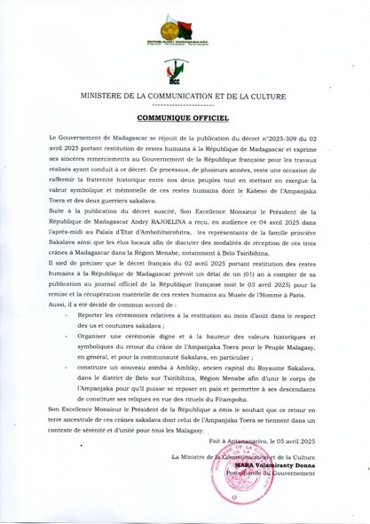 FANAMBARANA - COMMUNIQUÉ OFFICIEL